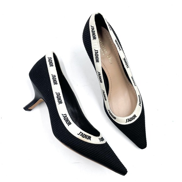 Christian Dior J'Adior Pumps Black White Ribbon Pointed Kitten Heel Sz 37 / 7 - Picture 1 of 11